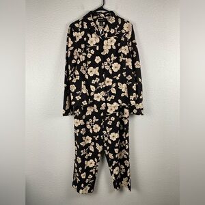 Two Twenty Five black & cream floral silk linen suit jacket Sz 14 pants Sz 8